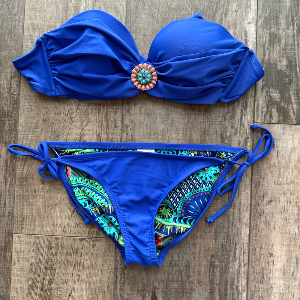 Blue Bandeau Strapless Bikini Set with String Bottom, Top L / Bottom S